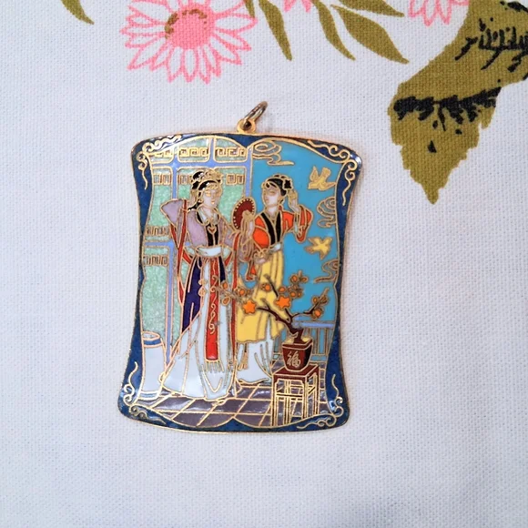 Vintage Cloisonne Pendant For Necklace Asian Scene Enamel - Picture 3 of 9